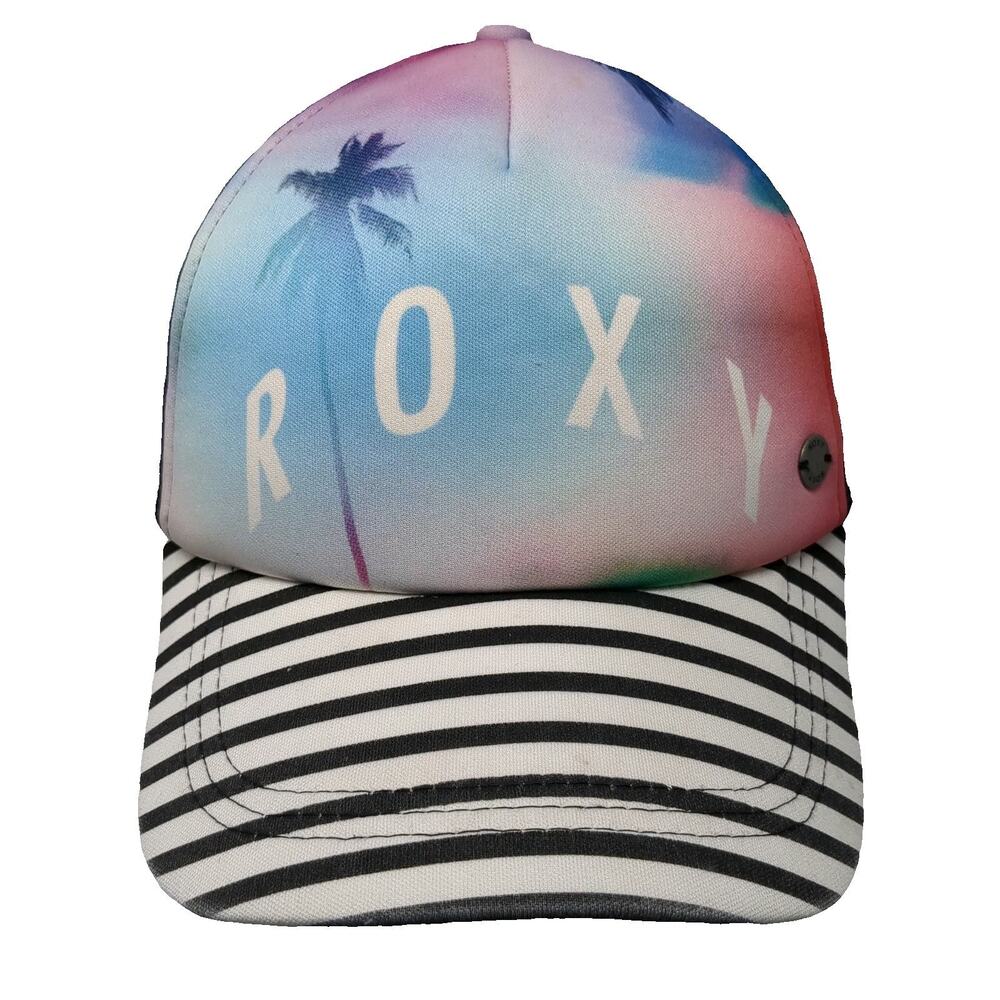Roxy Trucker Hat Blue One Size Striped Brim Palm Tree Sunset Beach Surf Snapback